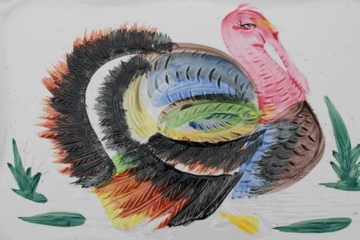 vintage Japan hand-painted ceramic Thanksgiving turkey platter w/ rectangular shape