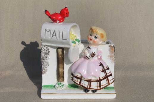 vintage Japan hand-painted ceramic planter, little girl & birds at the mail box