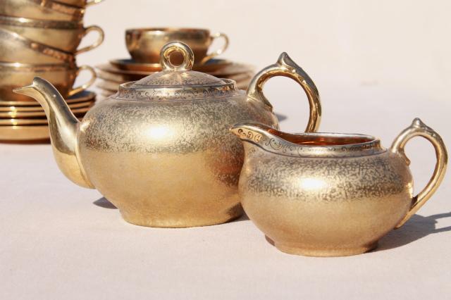 vintage Japan hand-painted encrusted gold porcelain tea set, pot, cups & saucers, plates