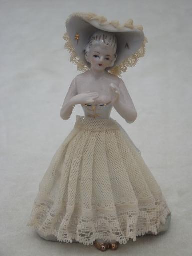 vintage Japan lady figurine, hand-painted china doll trimmed in lace