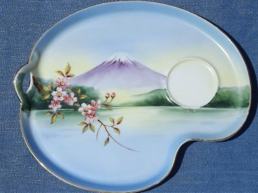 vintage Japan lithophane porcelain snack sets, Mt Fuji tea cups and plates