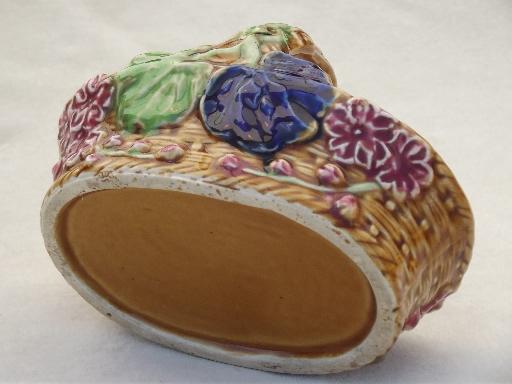 vintage Japan majolica style pottery, African violet planter basket 