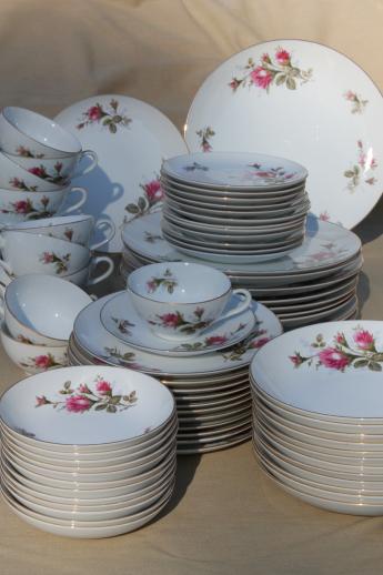 vintage Japan moss rose china, pink roses porcelain dinnerware set for 12