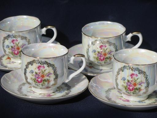vintage Japan pearl luster china cups and saucers, bouquet of flowers