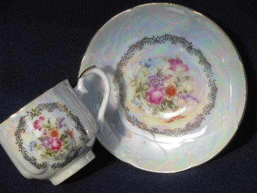 vintage Japan pearl luster china cups and saucers, bouquet of flowers
