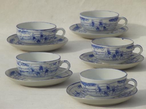 vintage Japan porcelain cups & saucers, Kate Greenaway scenes blue & white china