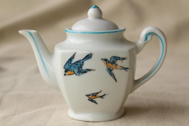 vintage Japan porcelain tea set, child's size toy dishes hand painted bluebird china