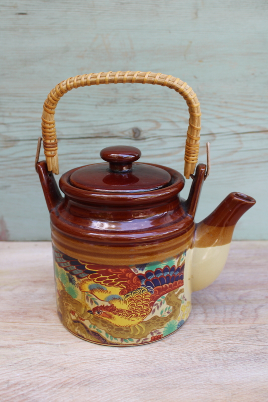 vintage Japan redware pottery tea pot, colorful phoenix bird or golden pheasant