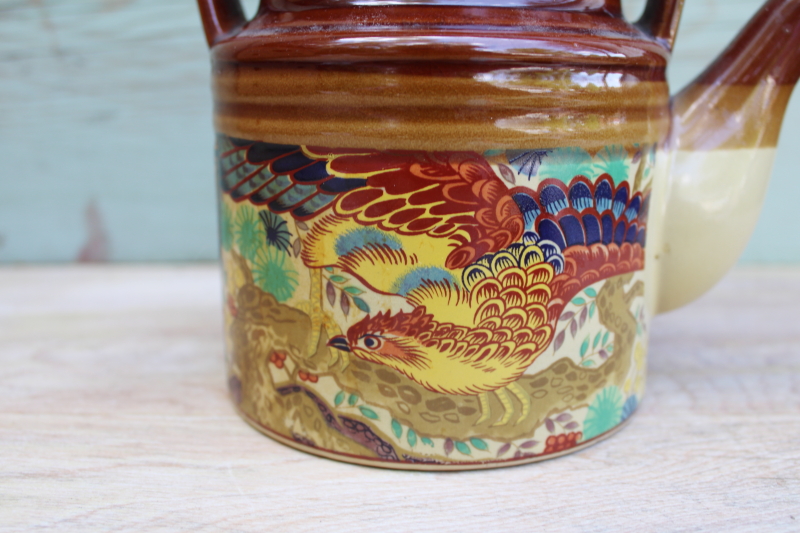 vintage Japan redware pottery tea pot, colorful phoenix bird or golden pheasant