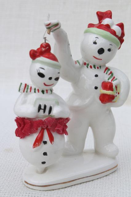 vintage Japan snowmen, Christmas snowman china figurine holds pirouette dancer girl