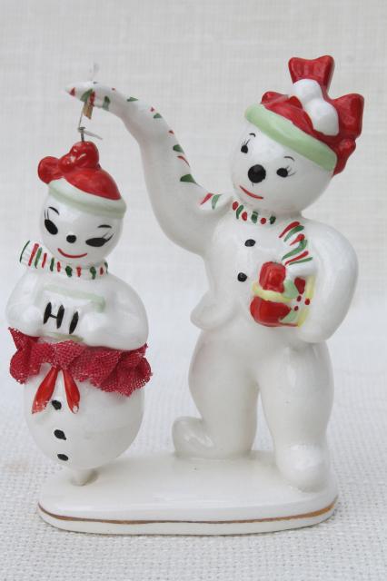 vintage Japan snowmen, Christmas snowman china figurine holds pirouette dancer girl
