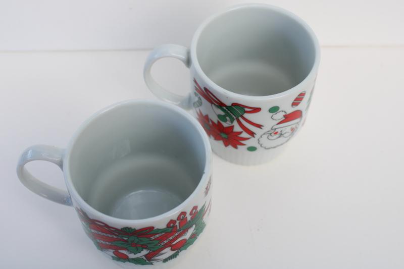 vintage Japan stackable ceramic mugs, Christmas angel, Santa, red & green holly