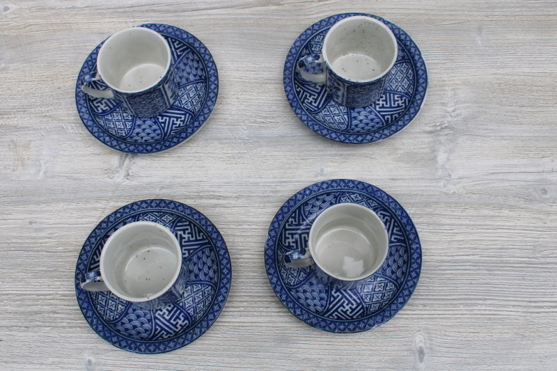 vintage Japan stoneware pottery cups  saucers, traditional Arita fan pattern all in blue