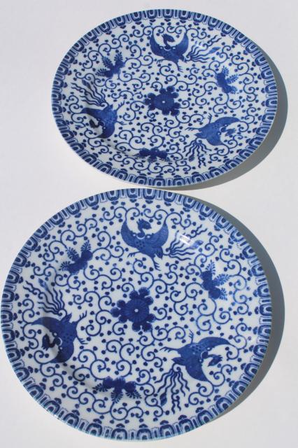 vintage Japanese blue & white china Phoenix ware birds pattern dishes, plates & bowl
