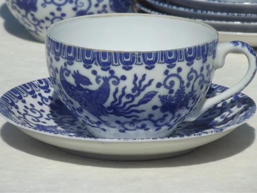 vintage Japanese tea cups set, blue & white china Phoenix ware birds