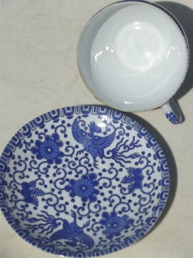vintage Japanese tea cups set, blue & white china Phoenix ware birds