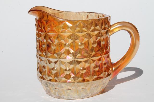 vintage Jeannette glass iridescent marigold luster pitcher, Holiday buttons & bows milk jug