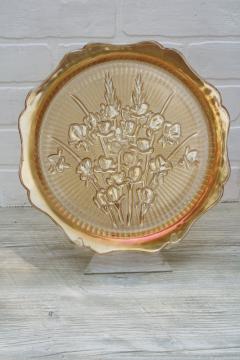 vintage Jeannette glass iris herringbone pattern glass cake plate, iridescent marigold luster