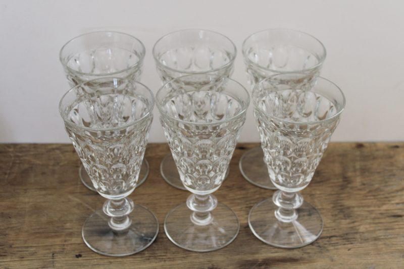 vintage Jeannette glass thumbprint pattern water glasses, heavy crystal clear goblets