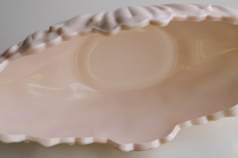 vintage Jeannette shell pink milk glass, long low gondola planter bowl in pretty pastel pink