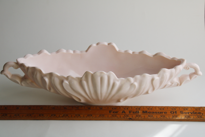 vintage Jeannette shell pink milk glass, long low gondola planter bowl in pretty pastel pink