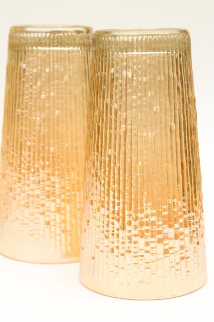 vintage Jeannette tree bark textured glass iced tea glasses, marigold iridescent carnival
