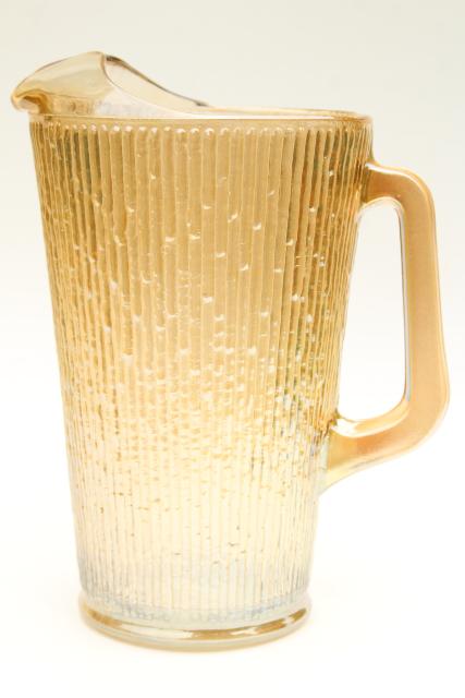 vintage Jeannette tree bark textured glass pitcher & tumblers, marigold iridescent carnival