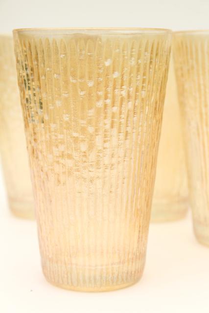vintage Jeannette tree bark textured glass pitcher & tumblers, marigold iridescent carnival