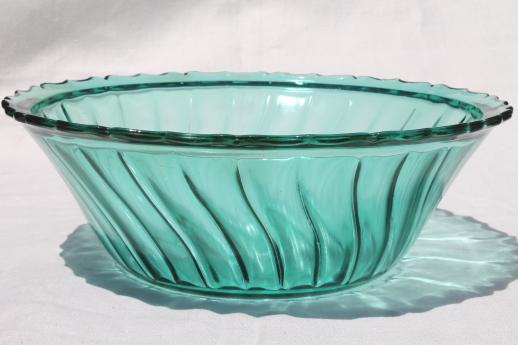 vintage Jeannette ultramarine teal blue glass bowl, swirl pattern glass salad bowl