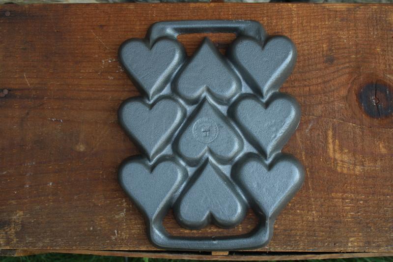 vintage John Wright cast iron hearts pan, corn gems baker heart muffin pan
