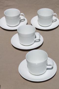 vintage Johnson Bros Athena cups & saucers, ribbed column pattern pure white china
