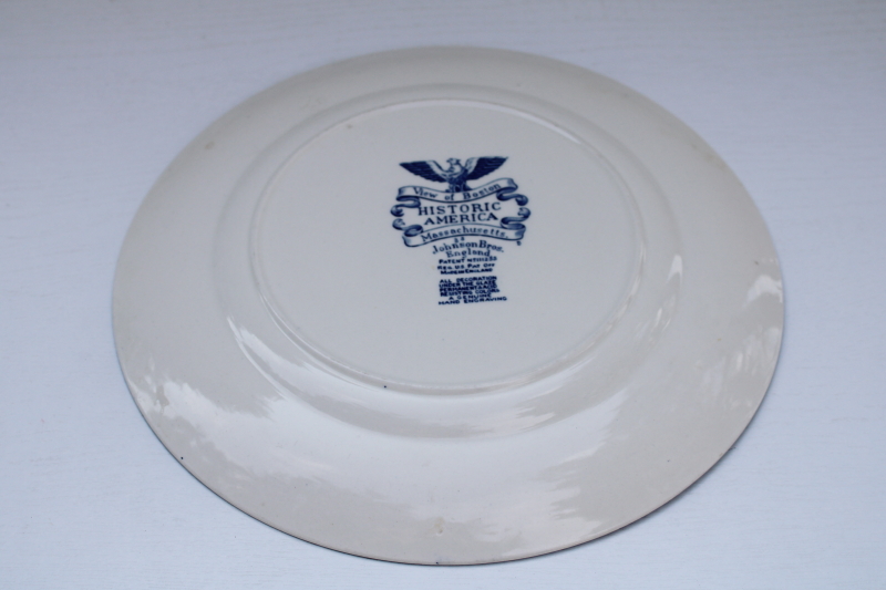 vintage Johnson Bros Historic America blue transferware china dinner plate View of Boston