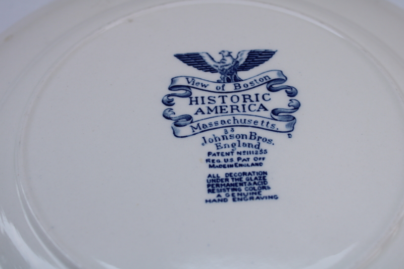 vintage Johnson Bros Historic America blue transferware china dinner plate View of Boston