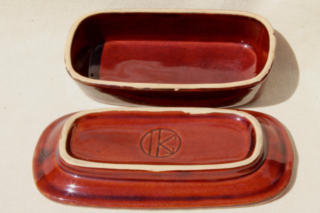 vintage Kathy Kale brown drip pottery covered butter dish, plate & lid