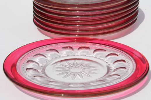 vintage King's Crown ruby flash stained color thumbprint glass plates, Tiffin star