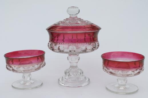 vintage King's Crown ruby flash thumbprint glass candy dish & candle holders