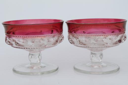vintage King's Crown ruby flash thumbprint glass candy dish & candle holders
