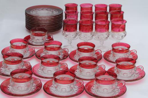 vintage King's Crown ruby flash thumbprint glass dishes complete set for 12