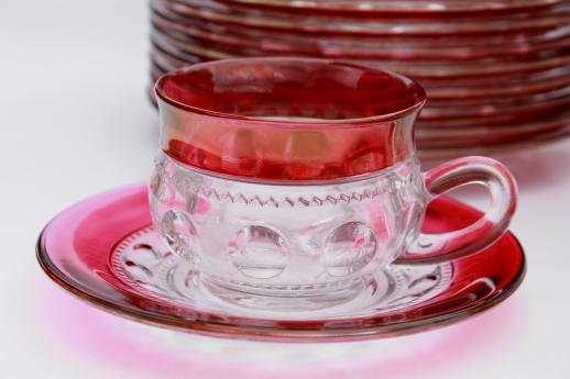 vintage King's Crown ruby flash thumbprint glass dishes complete set for 12