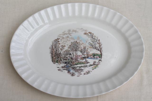 vintage Knowles china platter, multi-colored Currier & Ives millpond scene over the river