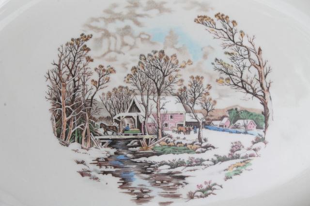 vintage Knowles china platter, multi-colored Currier & Ives millpond scene over the river