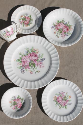 vintage Knowles rose bouquet china set for 12, pink cabbage roses & flowers