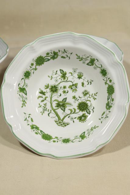 vintage Korea stoneware pottery salad bowls set, green India tree of life transferware pattern