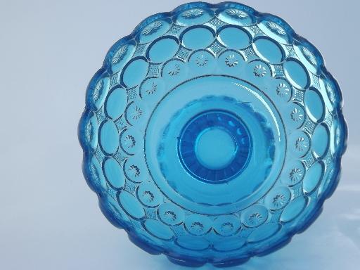 vintage L E Smith moon & stars  glass compote bowl, retro aqua blue glass
