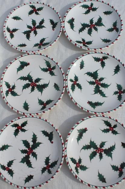 vintage Lefton Christmas holly white china plates & cups, hand painted ceramic made in Japan