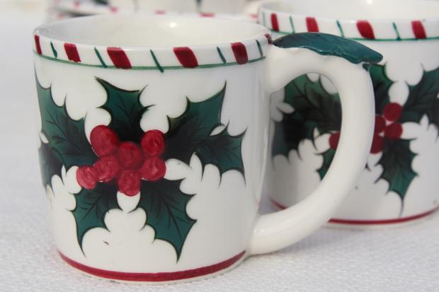 vintage Lefton Christmas holly white china plates & cups, hand painted ceramic made in Japan
