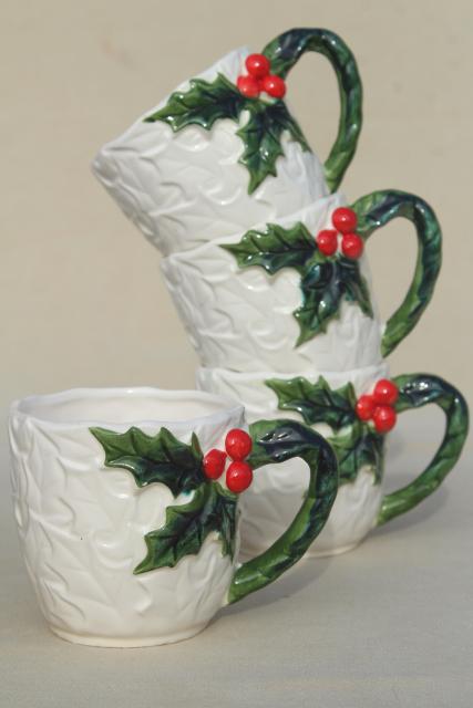 vintage Lefton Christmas mugs, white china  w/ red & green holly, made in Japan