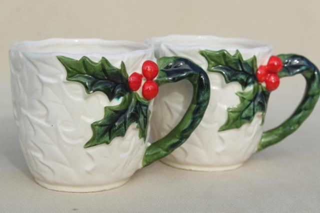 Vintage Lefton Christmas Mugs White China W Red And Green Holly Made