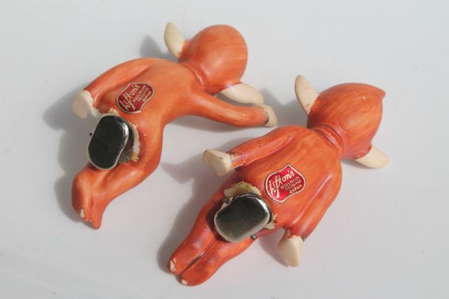 vintage Lefton Japan china pixies clip on ornaments, elf fairies w/ russet red fall color
