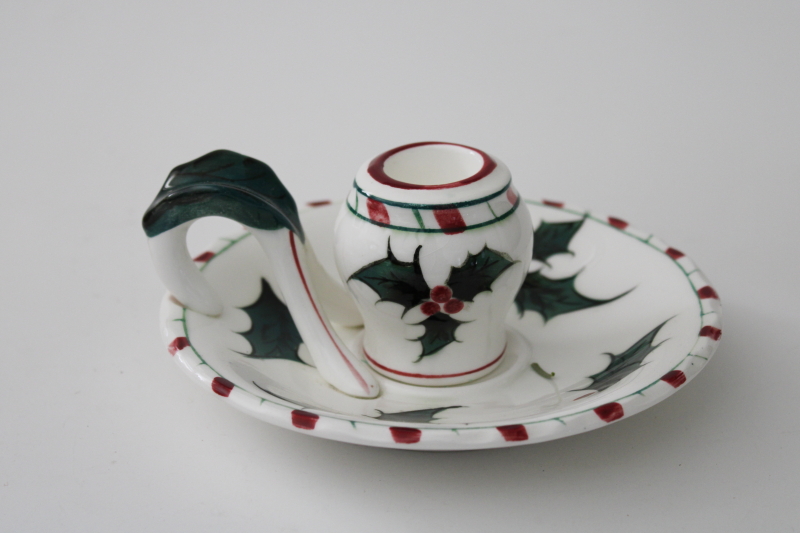 vintage Lefton Japan hand painted candle holder, Christmas holly candy cane handled candlestick